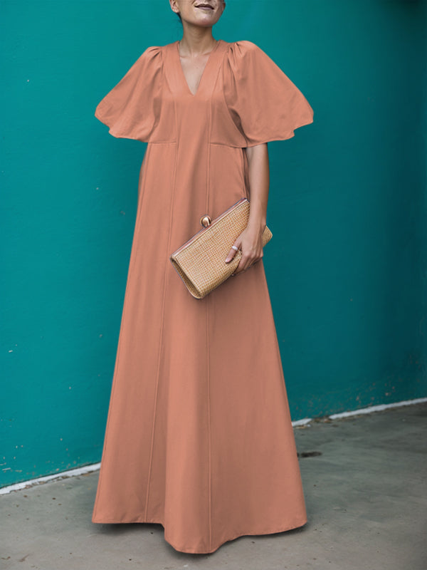 Pleated Solid Color Split-Joint A-line Long Sleeves V-neck Maxi Dresses