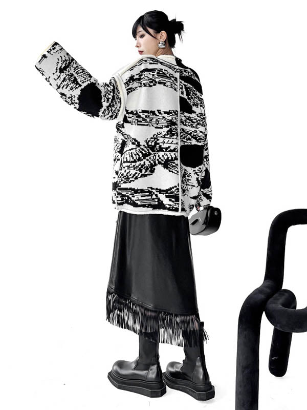 Abstract Printed Buttoned Contrast Color Pockets Split-Joint Long Sleeves Loose Collarless Outerwear Cardigan Tops