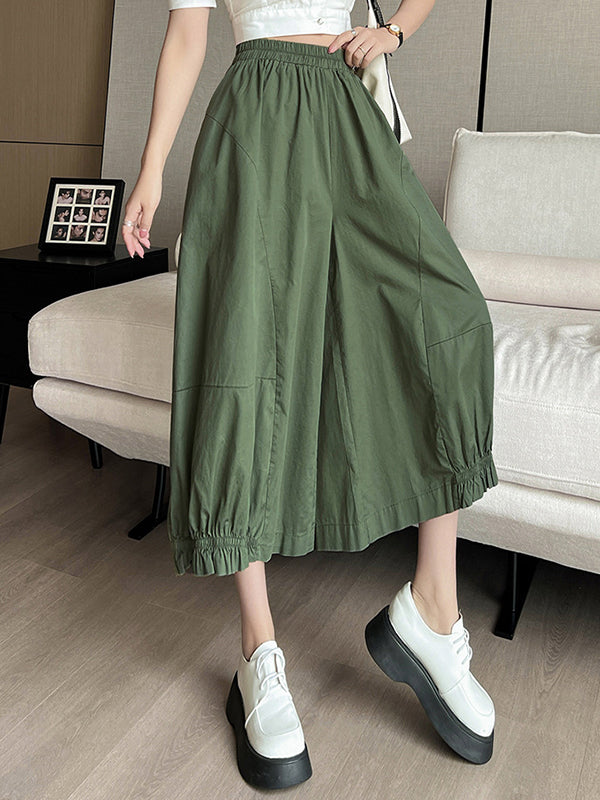 Elasticity Solid Color Split-Joint High Waisted Loose Trousers Pants Ninth Pants Knickerbockers