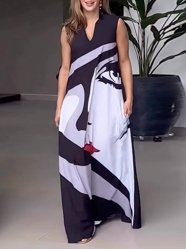 Figure Printed Loose Sleeveless V-neck Maxi Dresses