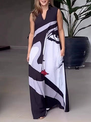 Figure Printed Loose Sleeveless V-neck Maxi Dresses