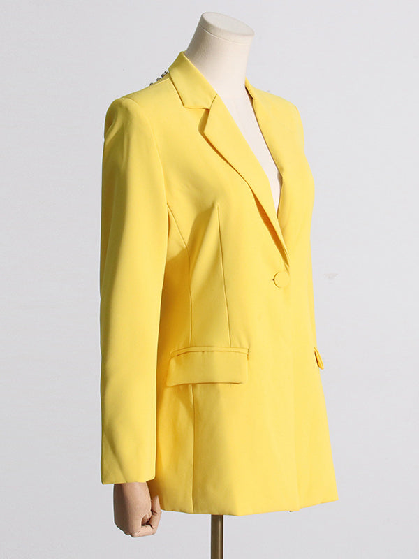 Backless Buttoned Hollow Rhine Stones Solid Color Long Sleeves Deep V-Neck Blazer
