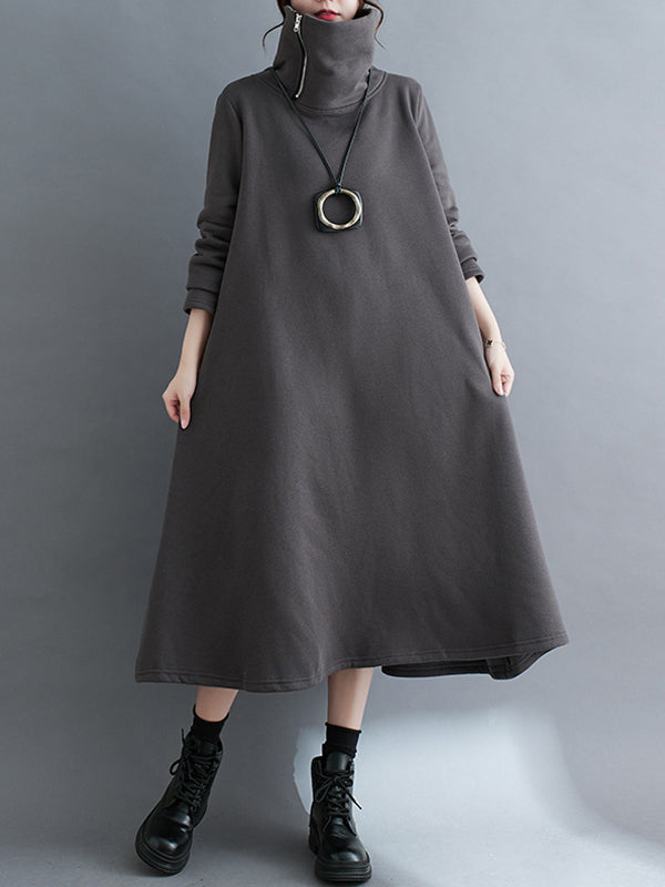 Asymmetric Solid Color Zipper A-Line Long Sleeves High Neck Midi Dresses