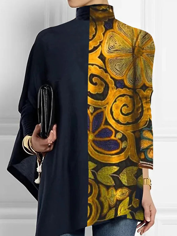Long Sleeves Loose Asymmetric Contrast Color Printed Mock Neck T-Shirts Tops