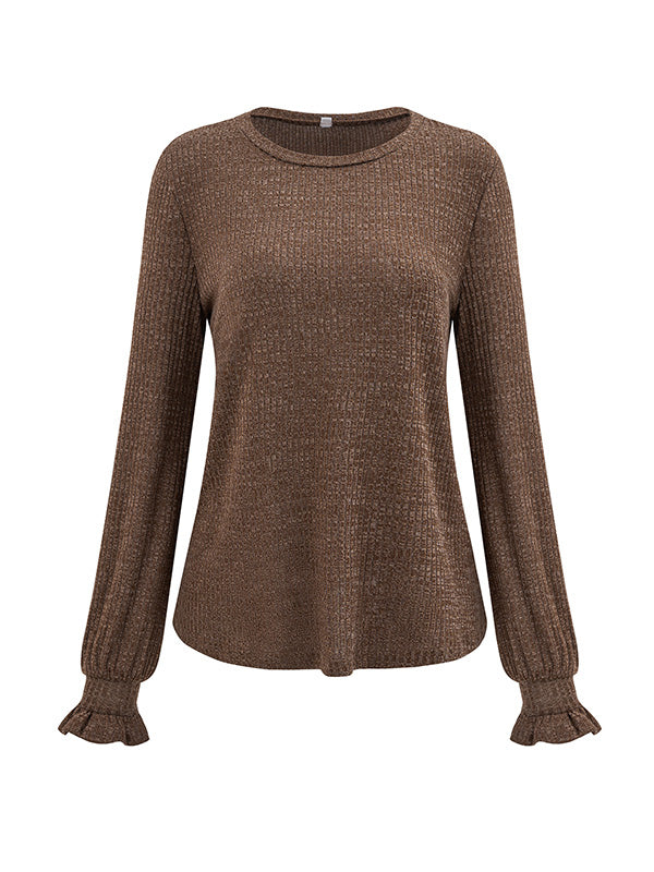 Elasticity Ruffled Solid Color Long Sleeves Loose Round-Neck T-Shirts Tops