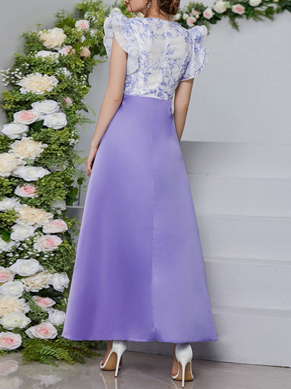 Printed Split-Joint High Waisted Petal Sleeves Deep V-Neck Maxi Dresses