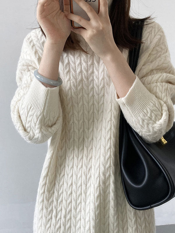 Stylish Loose Long Sleeves Solid Color High-Neck Twist Sweater Dresses