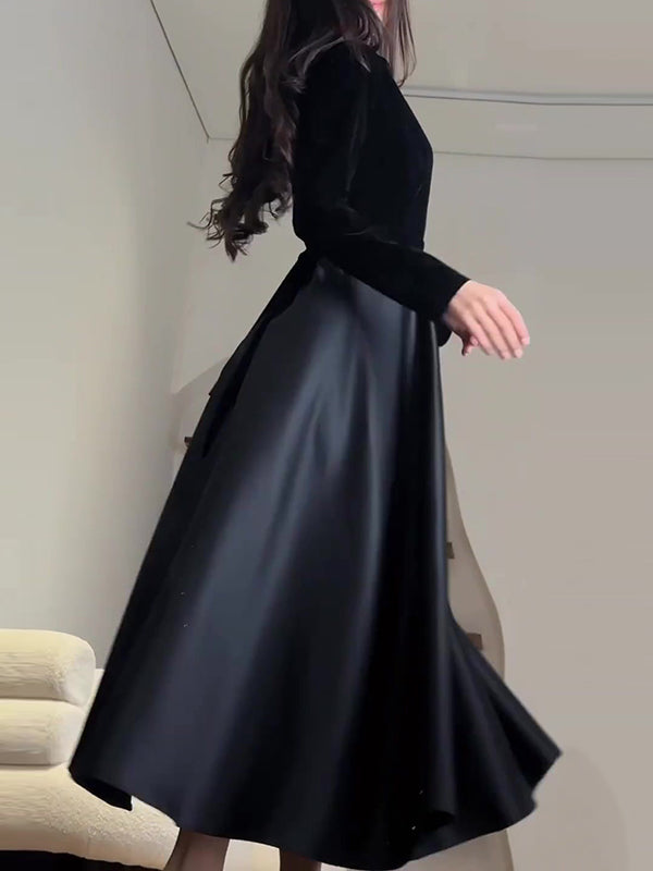 Pleated Split-Joint Zipper A-Line Long Sleeves Mock Neck Maxi Dresses