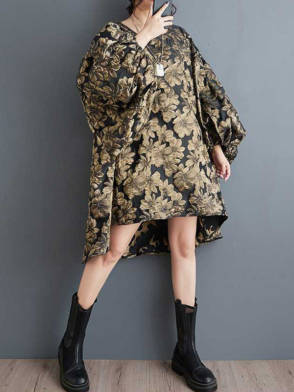 Elasticity Flower Print Jacquard A-Line High-Low Round-Neck Midi Dresses