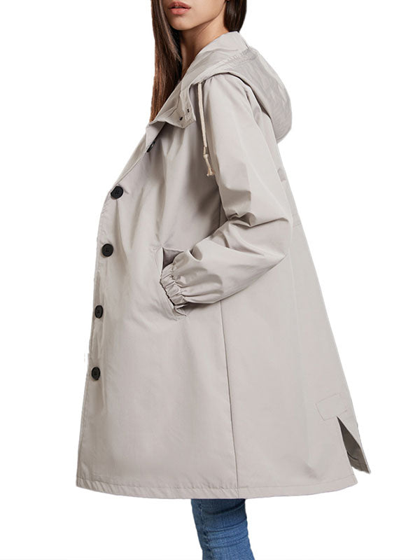 Buttoned Drawstring Elasticity Hooded Pockets Split-Back Waterproof Long Sleeves Loose High-Neck Trench Coats
