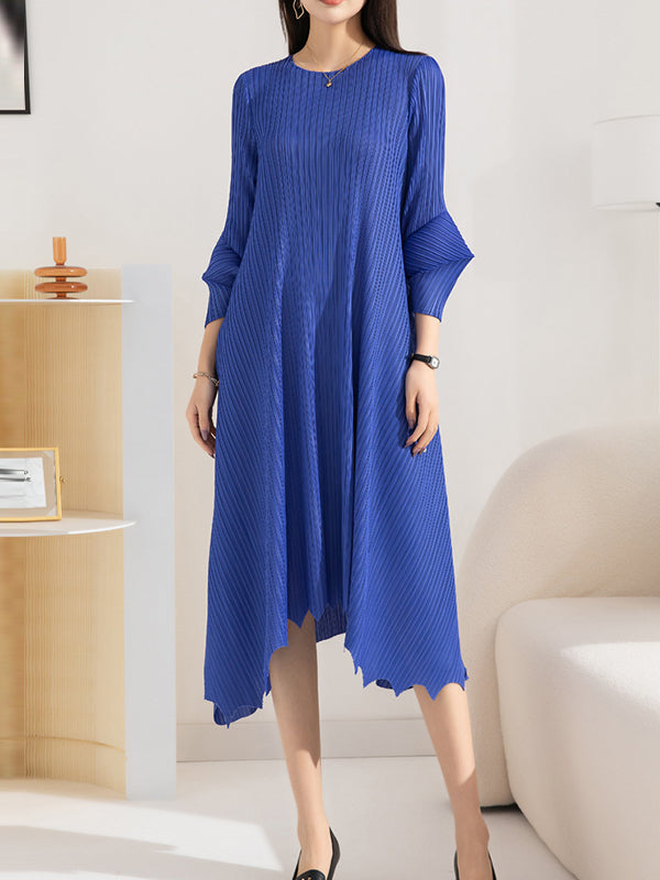 Pleated Solid Color Irregular clipping Loose Round-neck Midi Dresses