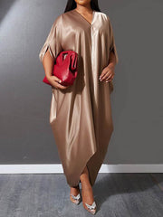 Solid Color Batwing Sleeves High-Low Deep V-Neck Maxi Dresses