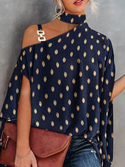Asymmetric Chains Leaves Print Batwing Sleeves Loose Asymmetric Collar T-Shirts Tops