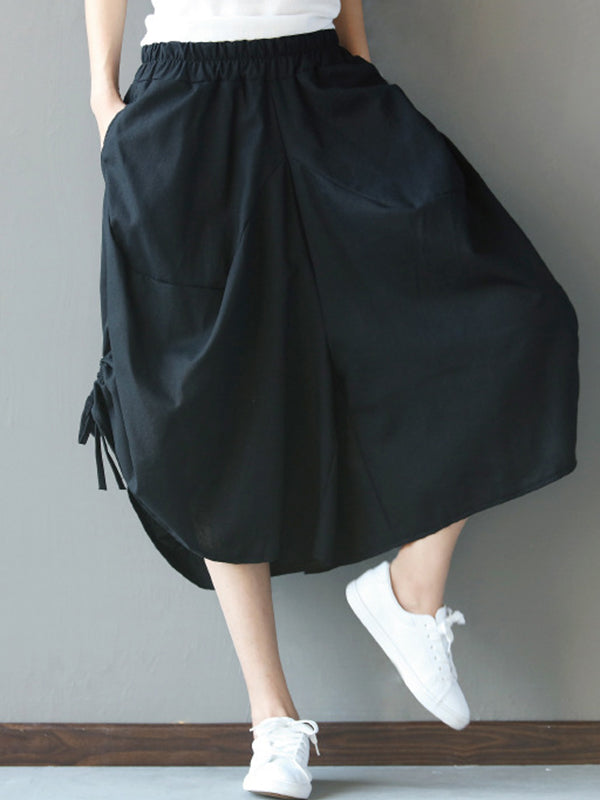 Drawstring Elasticity Solid Color Split-Joint High Waisted Loose Pants Cropped Trousers