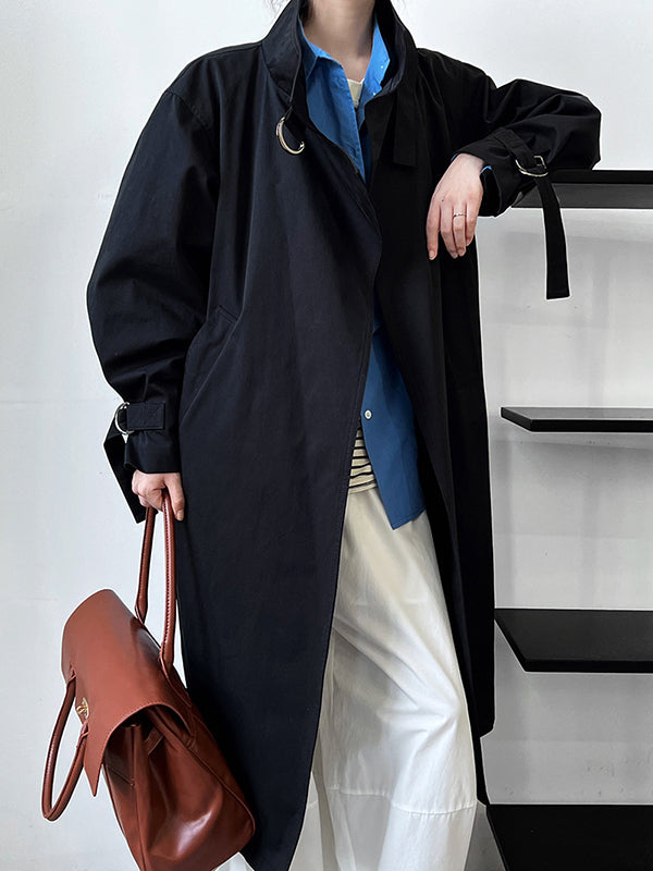 Asymmetric Buckle Solid Color Long Sleeves Loose Stand Collar Trench Coats