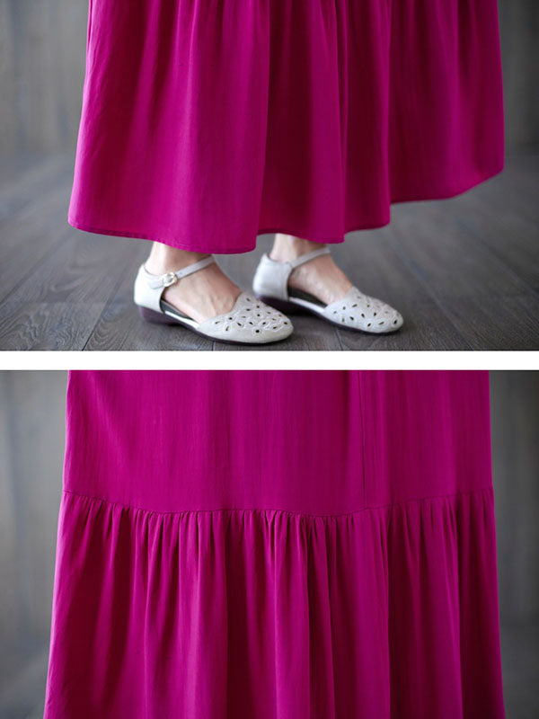 Lace-Up Pleated Solid Color Split-Joint Loose Short Sleeves Round-Neck Midi Dresses