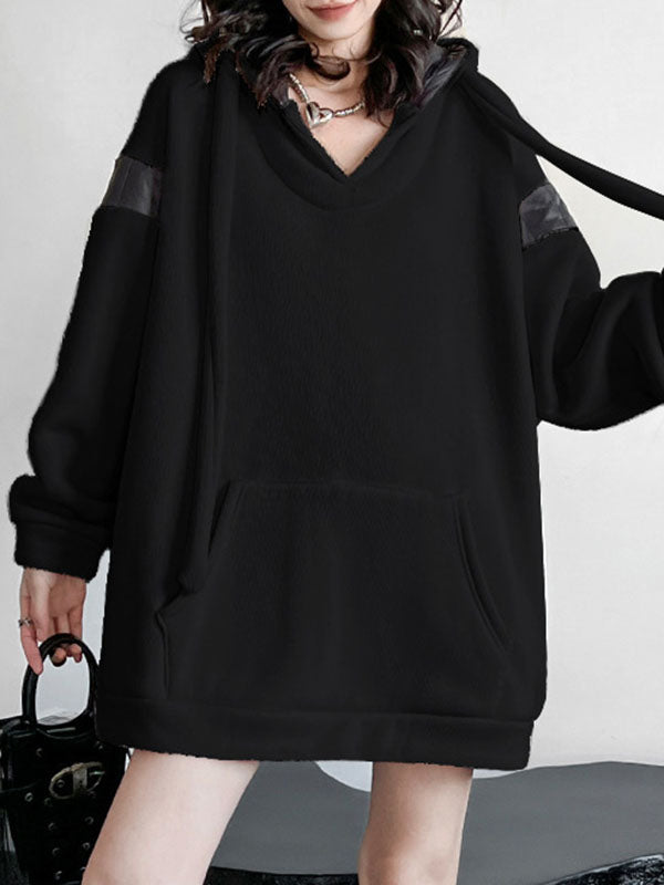 Contrast Color Drawstring Pockets Velvet Long Sleeves Loose Hoodies Tops