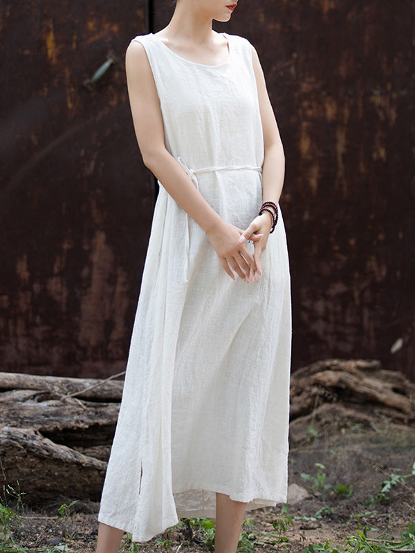 Drawstring Solid Color Split-Joint Tied Waist Loose Sleeveless Round-Neck Midi Dresses