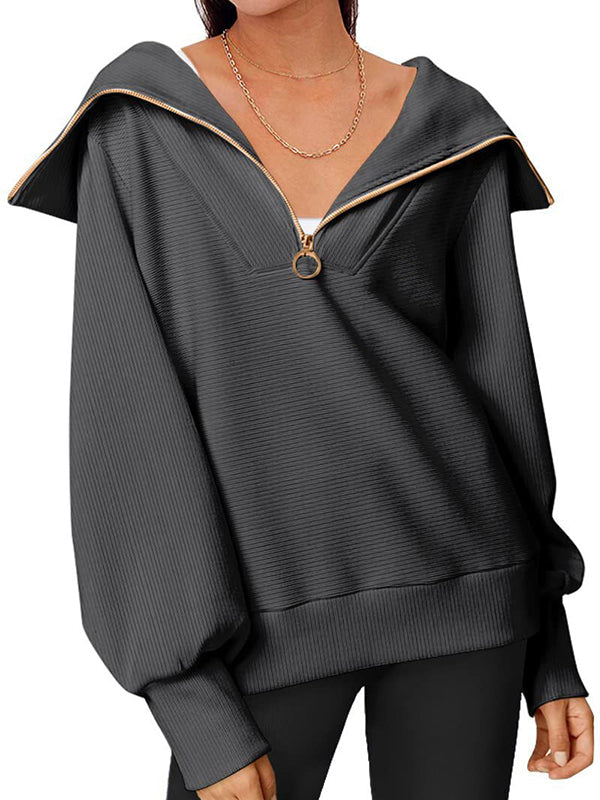 Solid Color Zipper Long Sleeves Loose Lapel Sweatshirt Tops