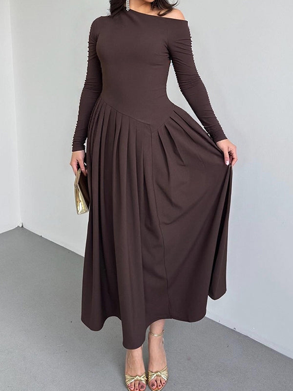 Asymmetric Pleated Solid Color Split-Joint A-Line Bodycon One-Shoulder Maxi Dresses
