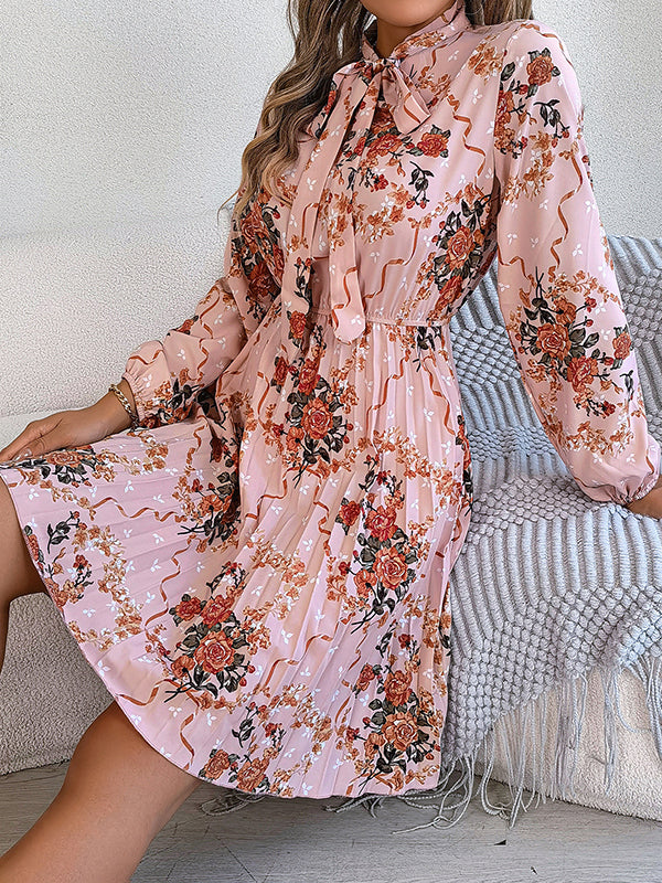 Elasticity Flower Print Pleated Tied Long Sleeves Loose Round-Neck Mini Dresses