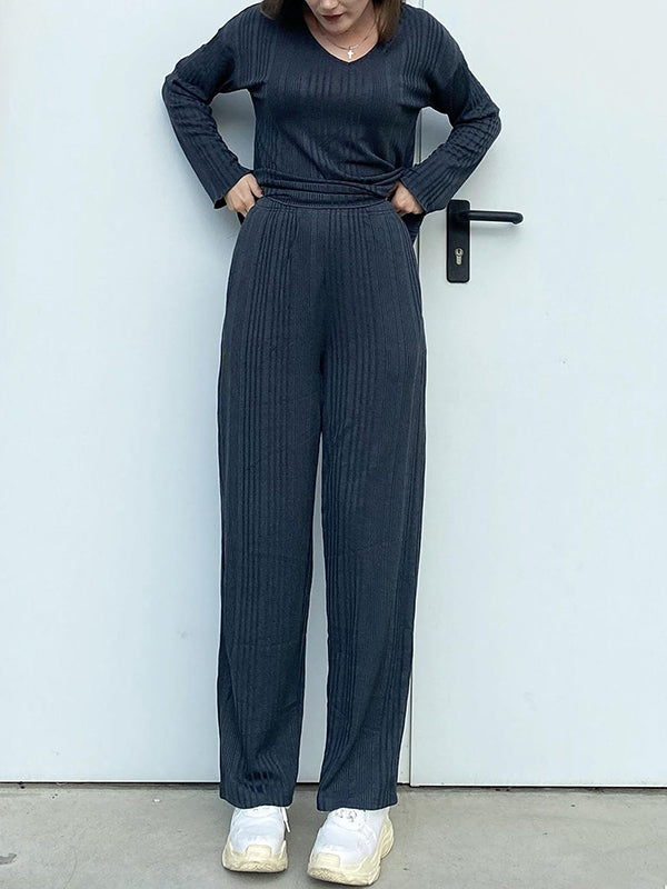 Solid Color Long Sleeves Loose V-Neck Shirt Top + Pants Bottom Pajama Sets