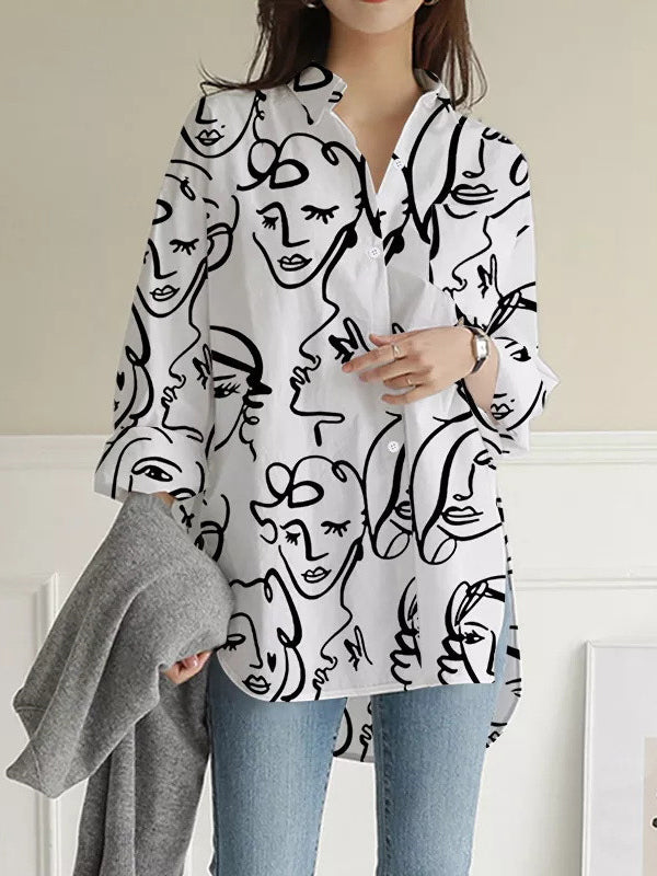 Buttoned Figure Pockets Split-Side High-Low Long Sleeves Lapel Blouses&Shirts Tops