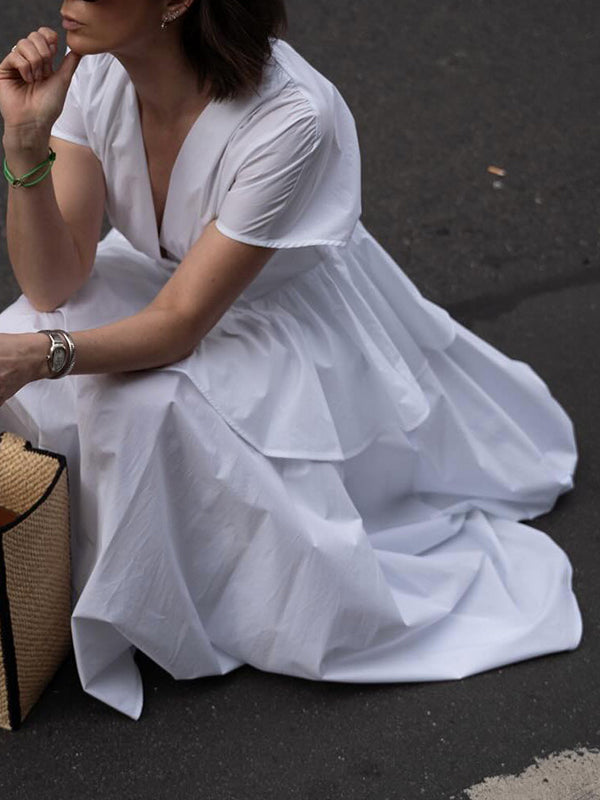 Buckle High-Waisted Solid Color Split-Joint False Two Loose Deep V-Neck Midi Dresses