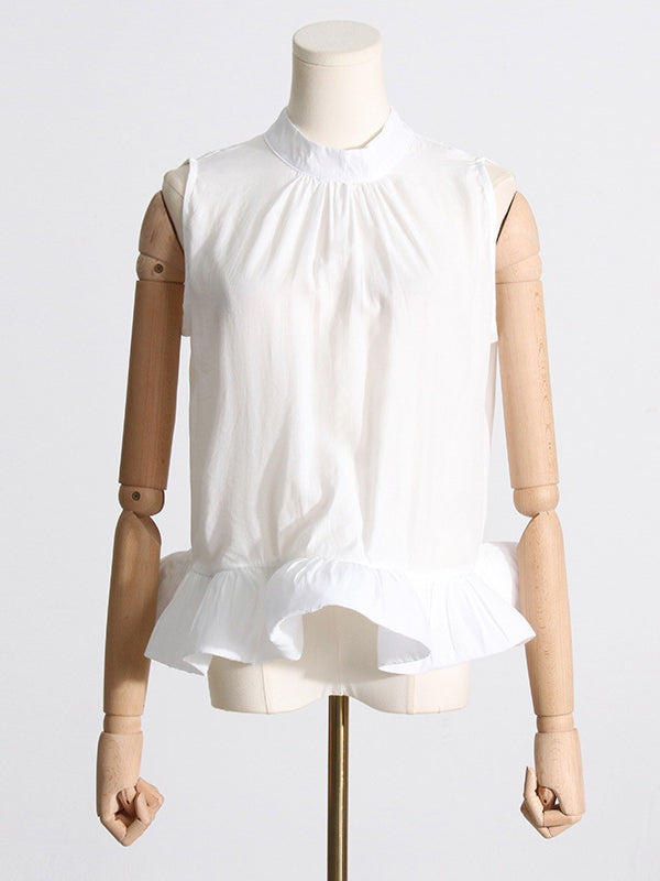 Pleated Ruffled Solid Color High Waisted High-Low Mock Neck Two Pieces Set