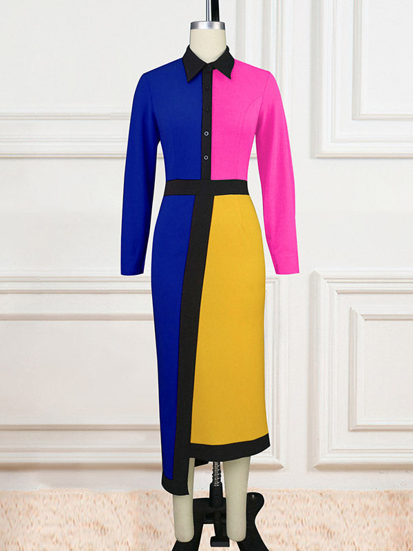 Asymmetric Buttoned Contrast Color Split-back High Waisted Long Sleeves Lapel Midi Dresses