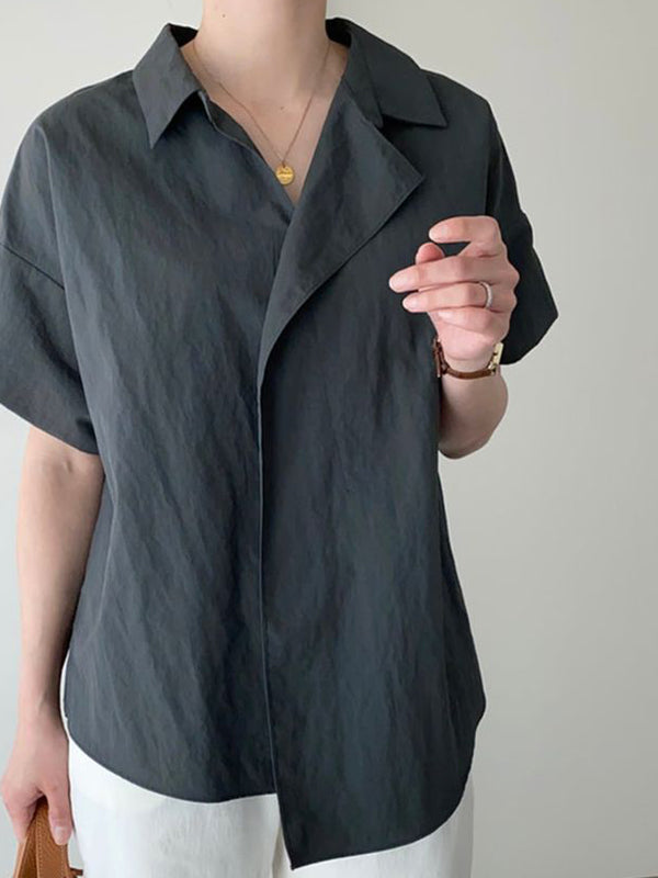 Asymmetric Solid Color Split-Joint Loose Short Sleeves Lapel Blouses&Shirts Tops