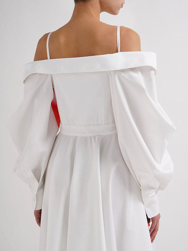Buttoned Contrast Color Floral Printed Pleated Zipper Off-The-Shoulder Midi Dresses