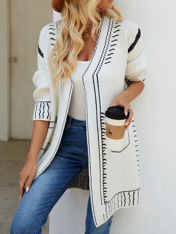 Jacquard Split-Joint Long Sleeves Loose V-Neck Cardigan Tops