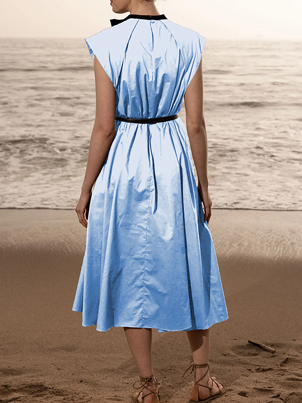 Pleated Tied A-line Loose Round-neck Midi Dresses
