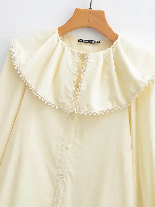 Pleated See-Through Solid Color Split-Joint Loose Puff Sleeves Peter Pan Collar Blouses&Shirts Tops