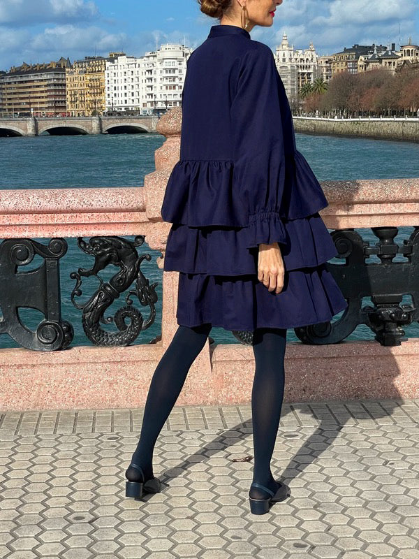 Buttoned Elasticity Layered Solid Color Flared Sleeves Long Sleeves V-Neck Mini Dresses