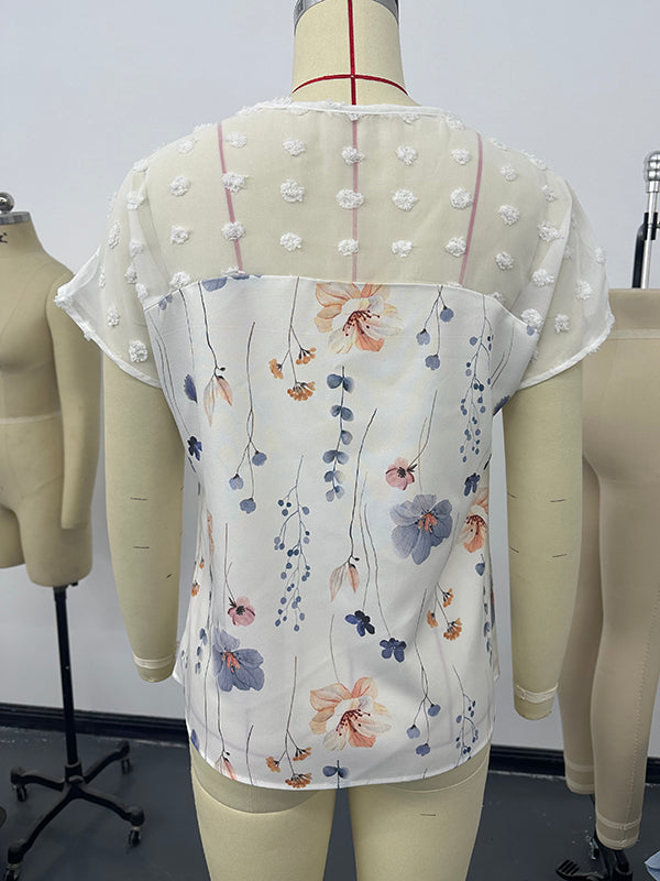 Flower Print Jacquard Split-Joint Loose Short Sleeves V-Neck T-Shirts Tops