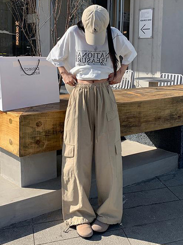 Drawstring Elasticity Pockets Solid Color Split-Joint High Waisted Loose Trousers Pants