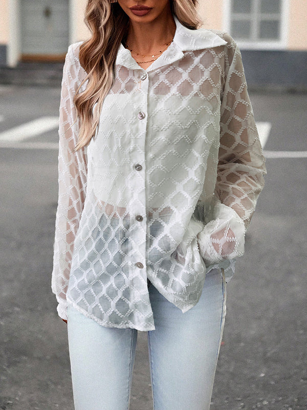 Buttoned Jacquard Mesh See-Through Long Sleeves Loose Lapel Blouses&Shirts Tops