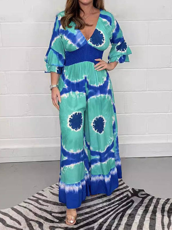 Printed Split-Joint Triple Layered Flared Sleeves Loose V-neck Jumpsuits