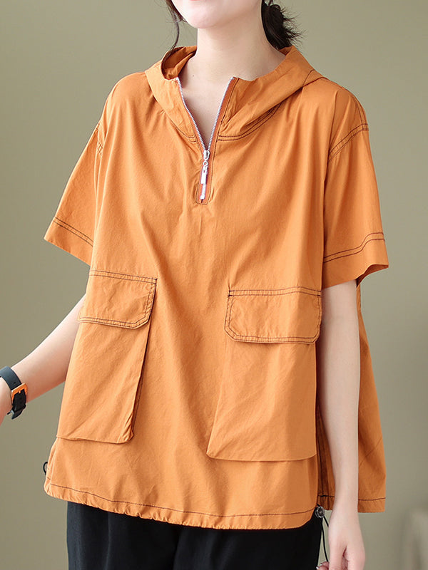 Zipper Loose Short Sleeves Hooded T-Shirts Tops