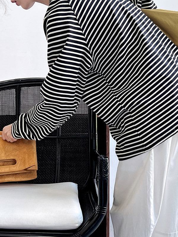 Contrast Color Striped Long Sleeves Loose Round-neck Sweatshirt Tops