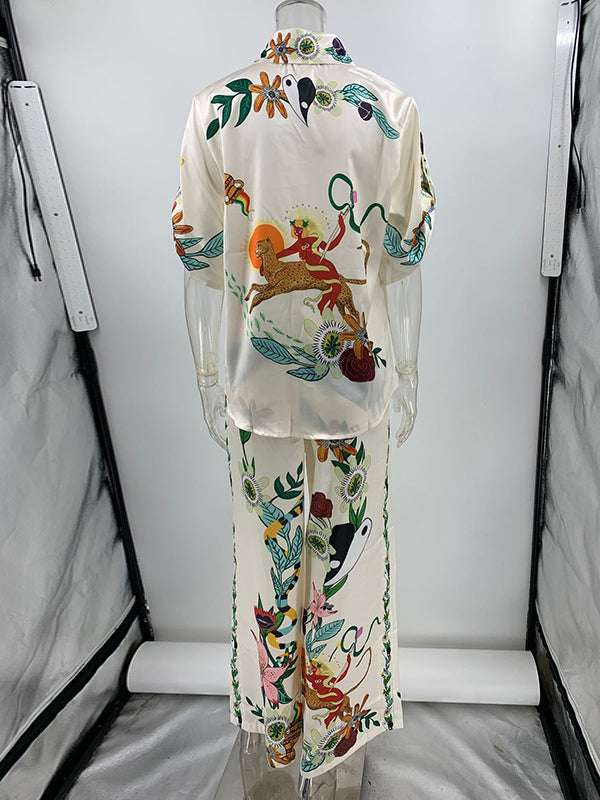 Loose Buttoned Half Sleeves Flower Print Pockets Lapel T-shirt Top + Drawstring Elasticity Pants Bottom Two Pieces Set