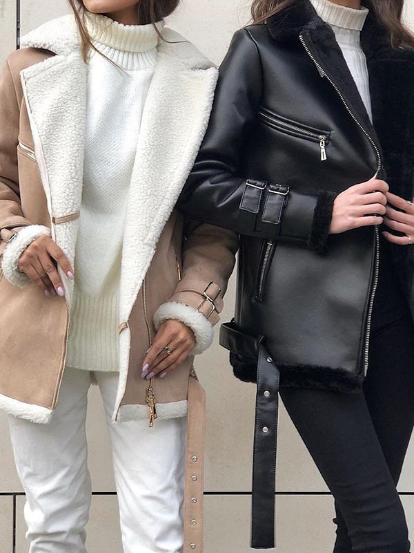 Buckle Keep Warm Pockets Split-Joint Velvet Zipper Long Sleeves Loose Notched Collar Outerwear