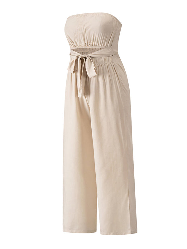 Original Cold Shoulder Tied Solid Color Straight Leg Jumpsuits