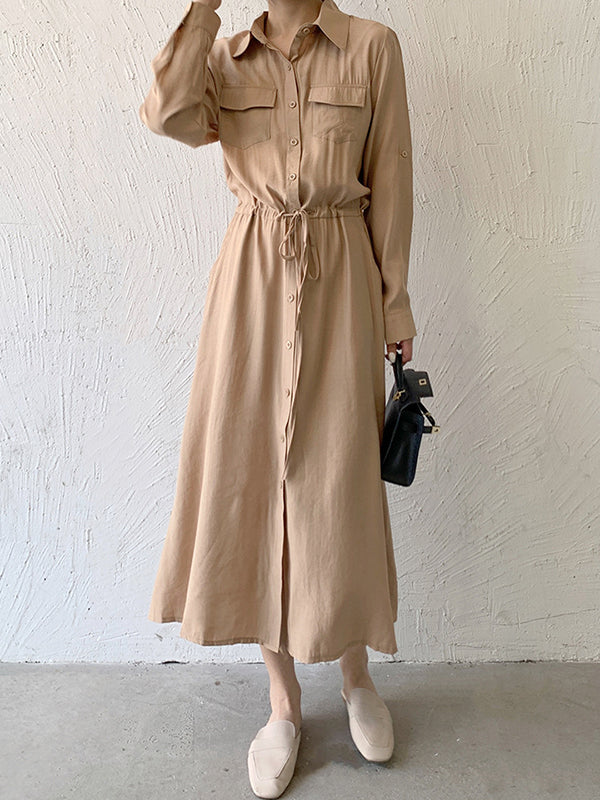 Casual A-Line Long Sleeves Bandage Solid Color Lapel Collar Shirt Midi Dresses