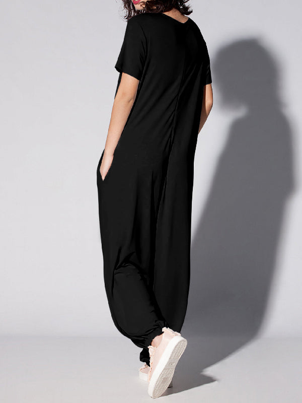 Loose Short Sleeves Figure Printed Round-Neck Jumpsuits