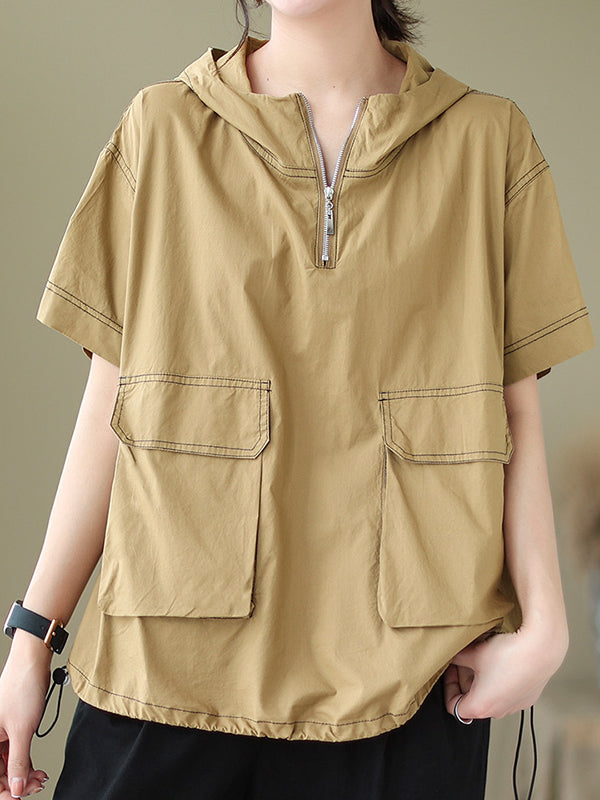 Zipper Loose Short Sleeves Hooded T-Shirts Tops