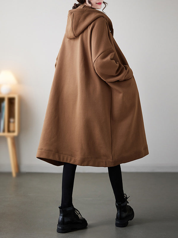 Buttoned Pockets Long Sleeves Loose Hooded Outerwear