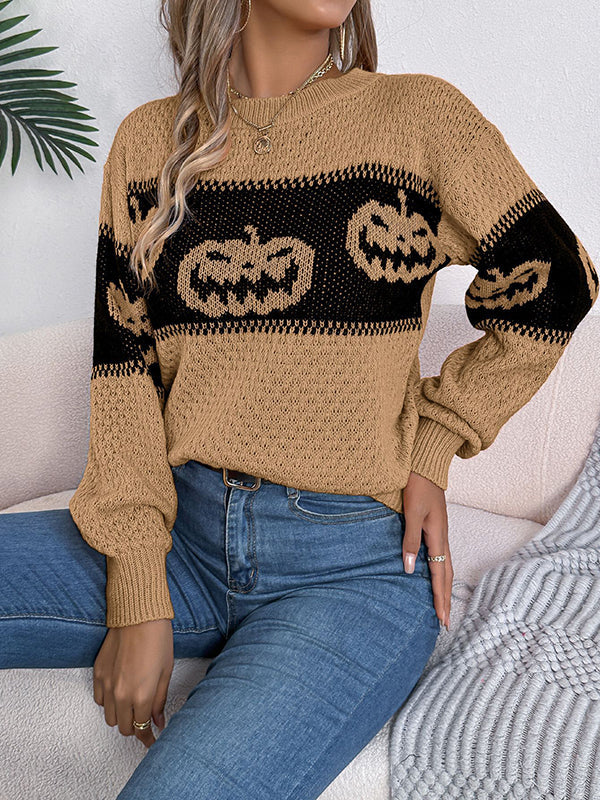 Contrast Color Split-Joint Long Sleeves Loose Round-Neck Sweater Tops Pullovers